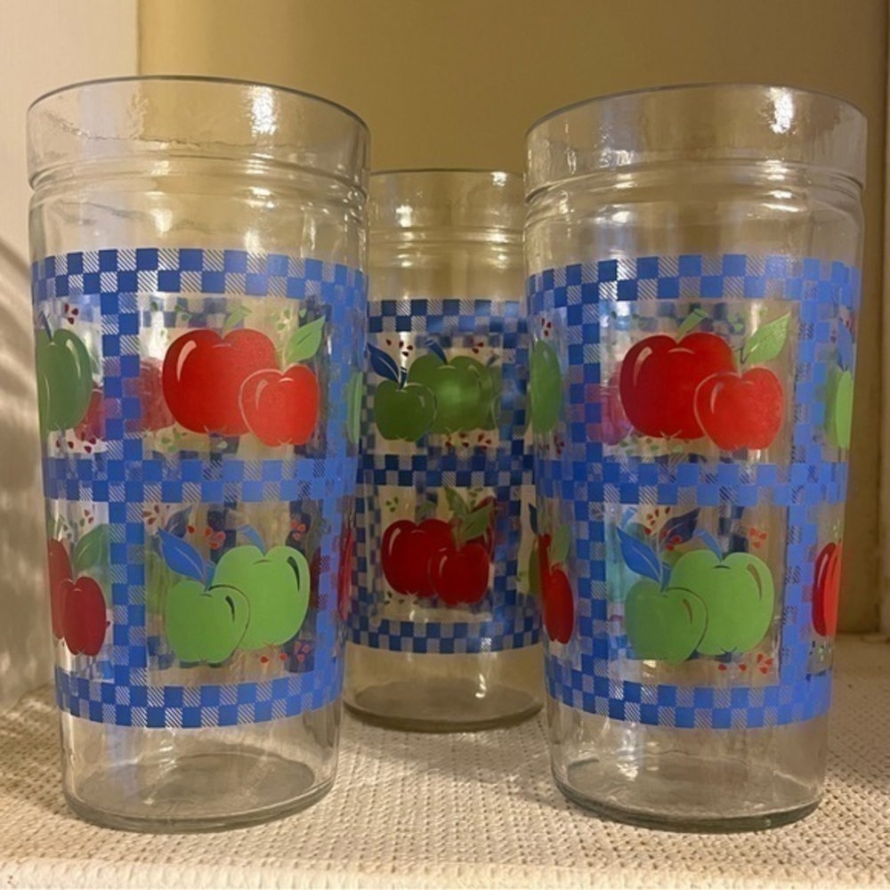 Vintage Anchor Hocking Apple Gingham Jelly Jar Drinking Glasses Set of 3